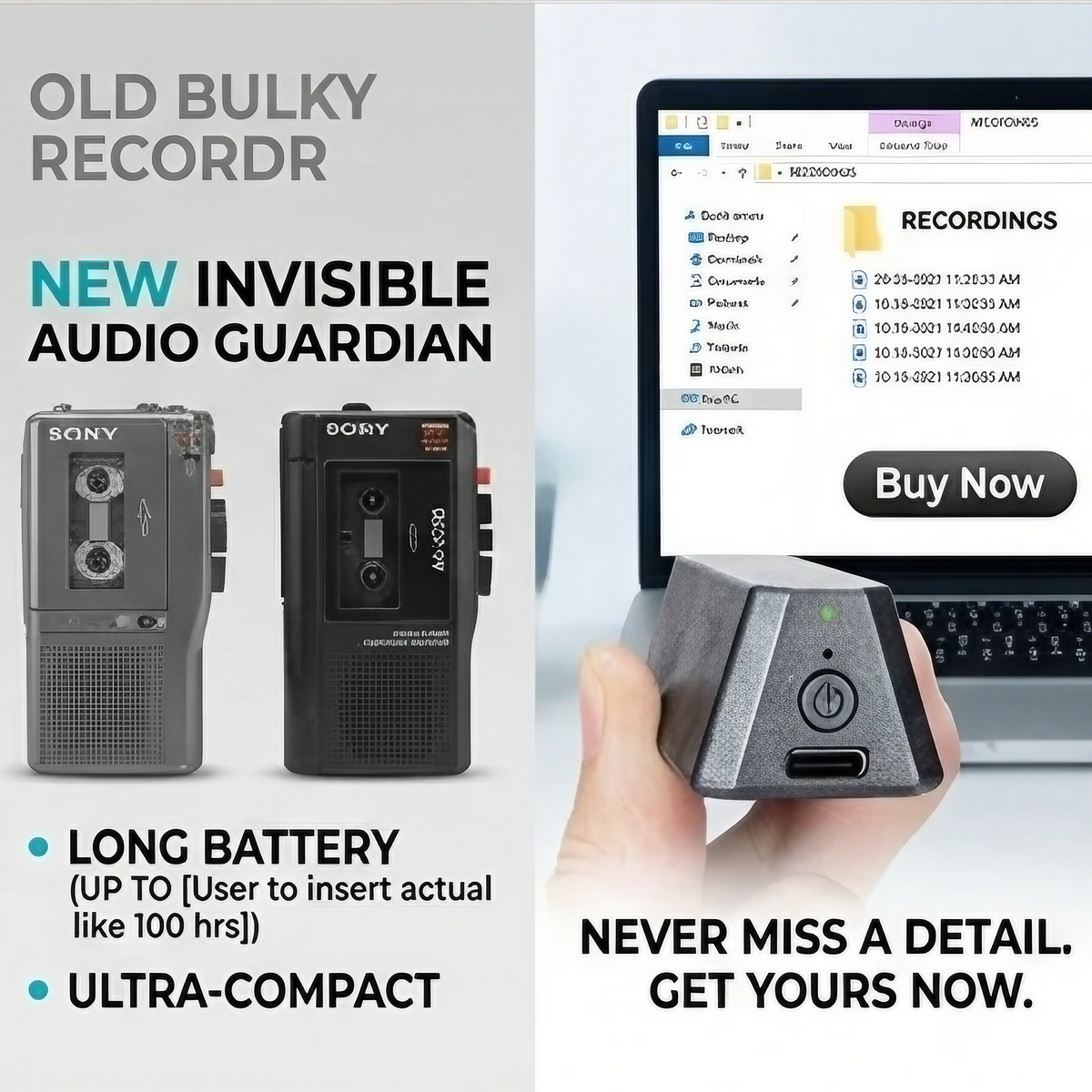 Compact Magnetic Audio Recorder – Ultra Long Battery Portable Voice Device